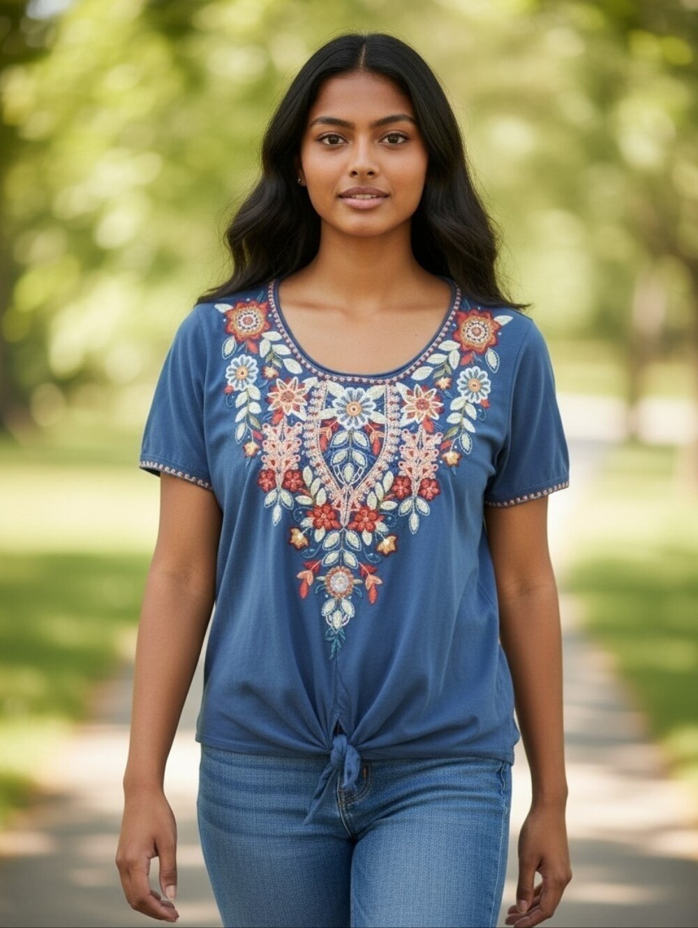 Johnny Was Florence Relaxed Tee Shirt Embroidered Womens Size Medium Blue